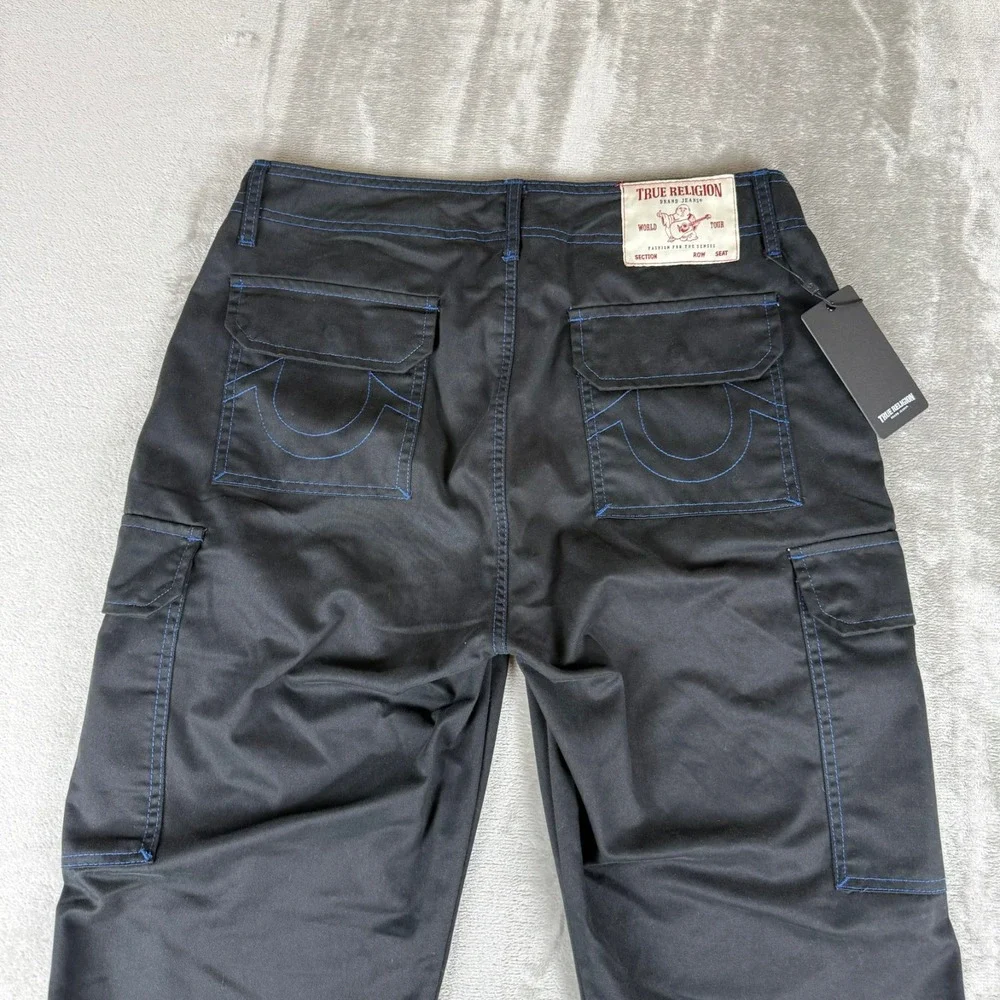 True Religion Cargo Pants Mens 30x32 Jet Black w/ Blue Stitching $164 New NWT